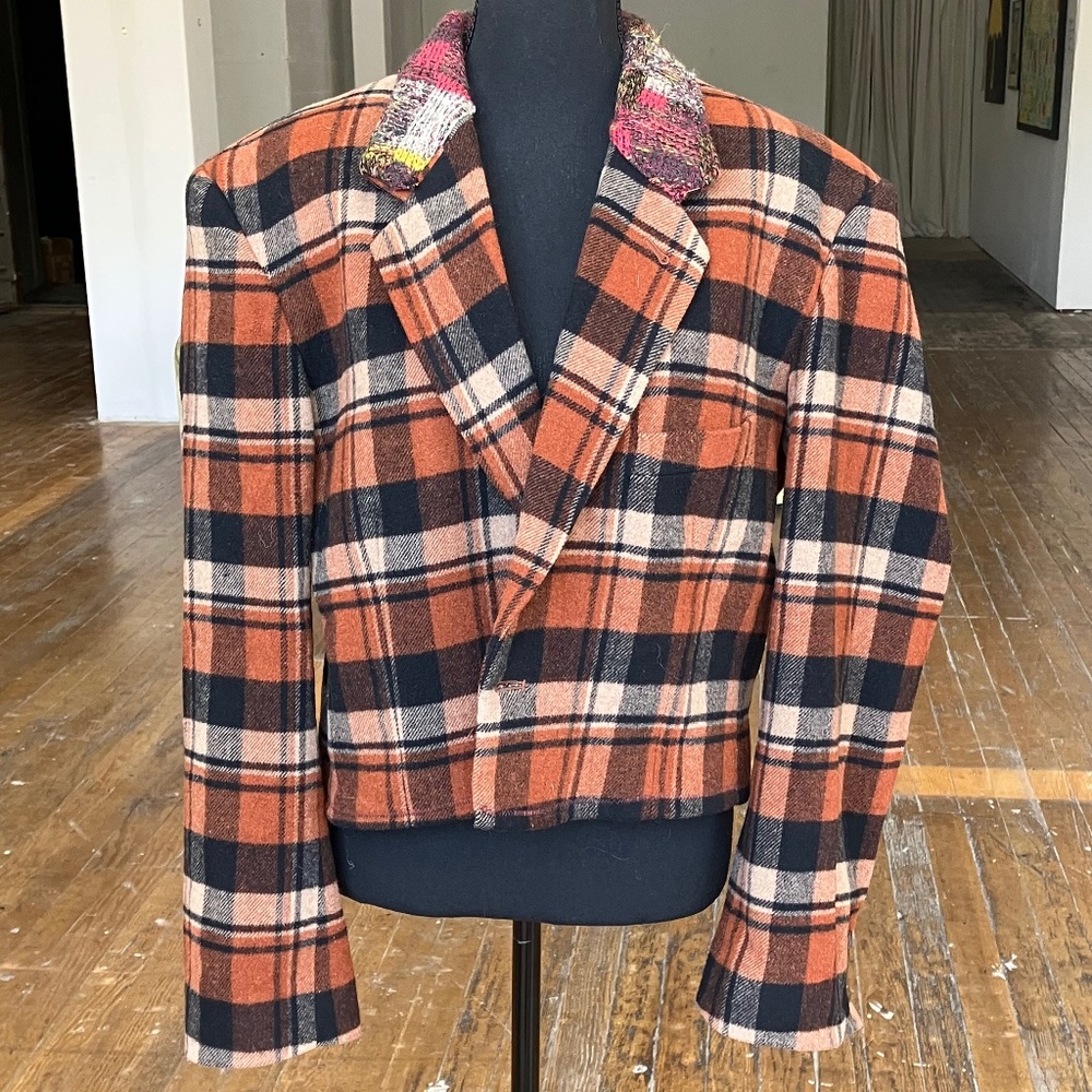 Vintage brown plaid cropped wool blazer